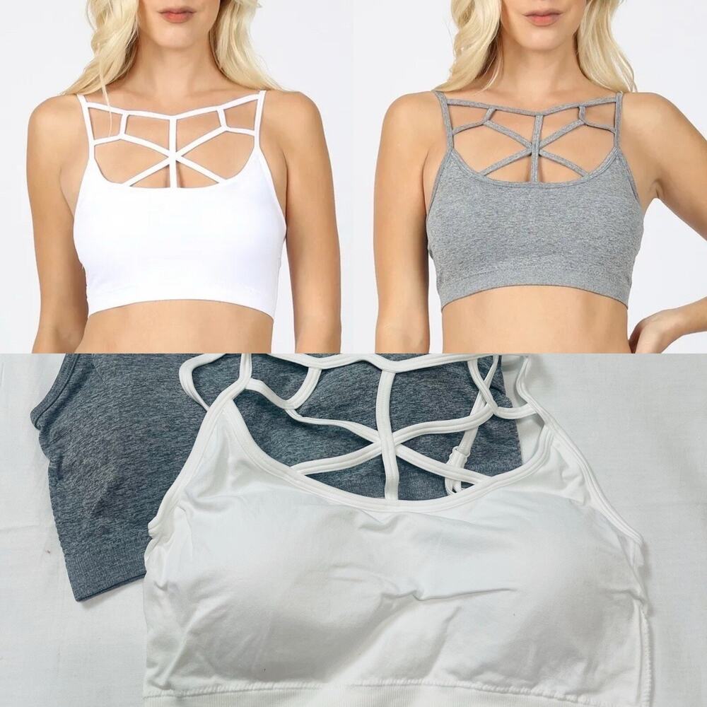 2-pk Zenana Women's Cage Front Bralette Sports Bra Adjustable Strap PADDED, L/XL